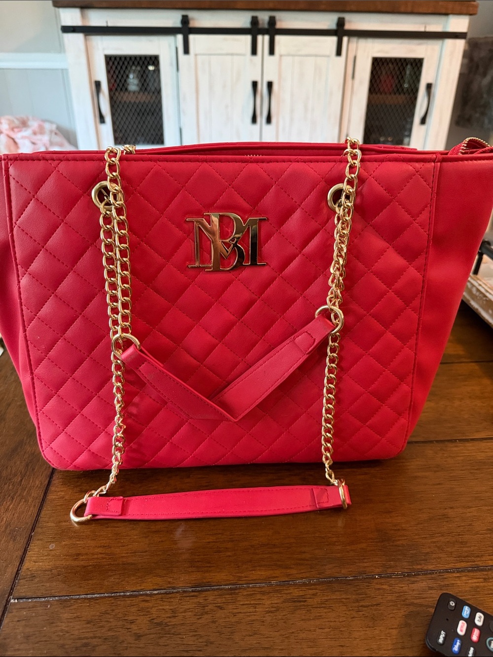 Quilted Red Tote Bag with Gold Chain Accent